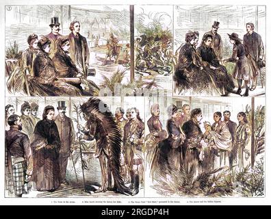 La visite royale au Wild West Show à la Great American Exhibition à West London en 1887 : 1. Reine Victoria regardant un spectacle équin dans l'arène 2. Mlle Lilian Smith (1871-1930) montrant à la Reine son fusil 3. Une « chemise rouge » Sioux Chief remise à la Reine. 4. La Reine rencontre les Squaws indiens. Banque D'Images