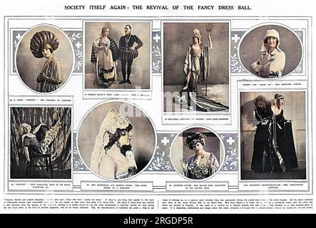 Une double page de photographies présentant quelques-unes des personnalités notables et les costumes qu'elles portaient au bal de la victoire à l'Albert Hall le 27 novembre 1918. La crème de la société a assisté à l'événement qui a vendu 4000 billets à l'aide du Fonds national pour les infirmières. Parmi les personnes photographiées ici figurent Hazel, Lady Lavery (l'une des organisatrices), épouse du peintre Sir John Lavery, Miss Marjorie Gordon en tenue d'aviateur, l'actrice Doris Keane dans un châle en dentelle espagnol de 200 ans et Lady Diana Manners - qui a dirigé la grande procession - incarnent Britannia. Banque D'Images