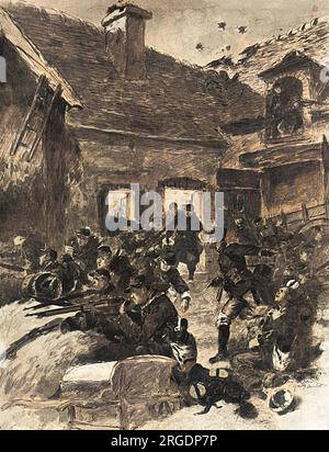 Lors de la retraite des troupes alliées vers Paris, les soldats français sont réveillés dans les premières heures par le bombardement allemand du chalet de la Fère où ils s’étaient réfugiés. Prenant des positions à la hâte, les Français répondent au feu allemand aussi longtemps que possible jusqu'à ce qu'une nouvelle retraite soit inévitable. Banque D'Images