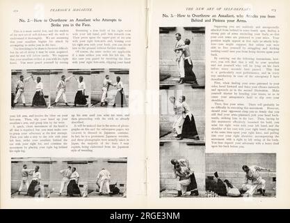 Pages 5-6 d'un article de 8 pages dans par E .W. Barton-Wright qui avait conçu une nouvelle forme de légitime défense, le bartitsu. Cette diffusion traite de conseils illustrés sur la façon de renverser un assaillant qui tente de vous frapper au visage, et celui qui vous attaque par derrière et vos pignons dans les bras. Banque D'Images