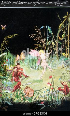 'Maids and Lovers we befriend with Elfin Wit' - extrait du poème 'The Plea of the Midsummer Fairies' de Thomas Hood. Illustration par Alice Marshall. Banque D'Images