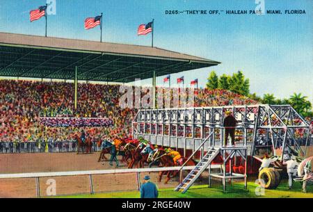 Le début d'une course de chevaux à Hialeah Park, Miami, Floride, USA. Banque D'Images