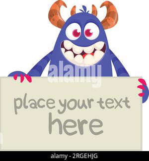 Personnage drôle de monstre de bande dessinée tenant la feuille de papier vierge ou le tableau pour le texte. Illustration de créature alien heureuse. Design de fête d'Halloween. isol. Vecteur Illustration de Vecteur