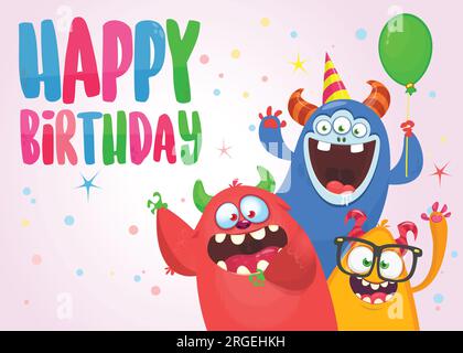 Drôles personnages de monstre de dessin animé carte pour la fête d'anniversaire. Illustration de créatures extraterrestres heureuses. Conception de colis ou d'invitation. Vecteur isolé Illustration de Vecteur