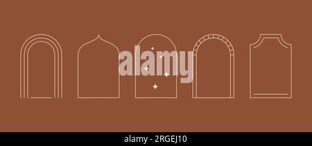 Cadre en arc linéaire dans un style Boho minimal. Collection décorative de bordure décorative Bohemian pour badge, logo, carte, affiche, bannière, post. Éléments d'arc de ligne avec des étoiles pour le modèle de conception. Pack Vector Illustration de Vecteur