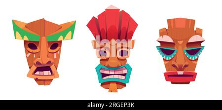 Jeu d'illustrations vectorielles de dessin animé masque Tiki. Collection d'éléments de visage en bois de couleur vive décorés des peuples tribaux ethniques hawaïens. Totem statues culturelles décoratives traditionnelles des aborigènes. Illustration de Vecteur