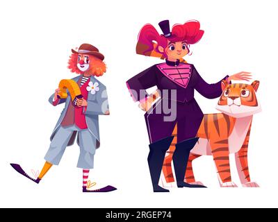 Clown mâle et tamer animal femelle isolé sur fond blanc. Illustration de dessin animé vectoriel de comédien de cirque jouant de l'accordéon, femme en costume et tigre jouant sur l'arène. Festival des talents Illustration de Vecteur