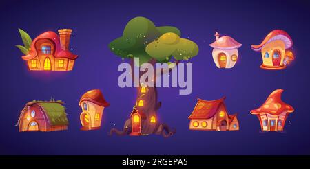 Ensemble de jolies maisons de conte de fées la nuit isolé sur fond. Illustration de dessin animé vectoriel d'arbres fantastiques, de cabanes en pierre et de champignons avec porte en bois, porche et fenêtres éclairées. Maison naine de forêt Illustration de Vecteur