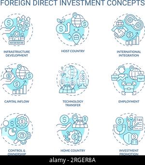 Icônes linéaires 2D pour les concepts d'investissement direct étranger Illustration de Vecteur