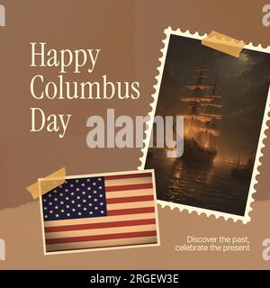 Composition du texte heureux columbus Day sur timbre avec bateau en bois et drapeau des etats-unis Banque D'Images