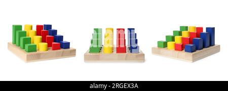 Trieuse en bois avec des figures géométriques colorées isolées sur blanc, différents angles. Conception de collage avec jouet pour enfants Banque D'Images