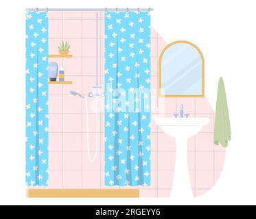 Maison salle de bains design intérieur avec douche derrière les rideaux Illustration de Vecteur