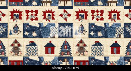 Chalet de noël rustique avec effet de tissu de couture à la main primitive. bordure. Garniture de ruban homespun chic et nostalgique douillet avec americana Banque D'Images