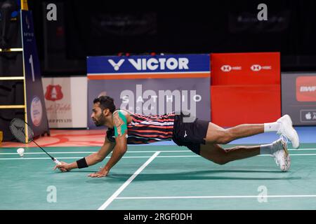 Prannoy H. S. de l'Inde en action lors de la finale en simple masculin du GROUPE SATHIO Australian Badminton Open 2023 entre l'Inde et la Chine au Quay Banque D'Images