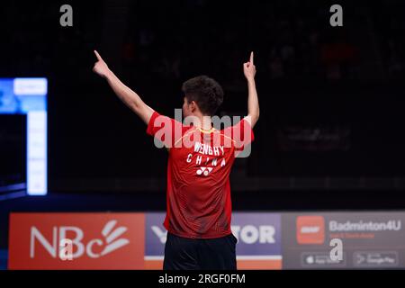 Weng Hong Yang de Chine célèbre après avoir remporté la finale en simple masculin du GROUPE SATHIO Australian Badminton Open 2023 entre l'Inde et la Chine AT Banque D'Images