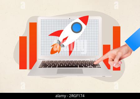 Сollage illustration image 3d de la main masculine montrant le développement financier graphique s'améliorant isolé sur fond de dessin Banque D'Images