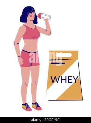 Femme de fitness buvant la nutrition sportive de cocktail de lactosérum Illustration de Vecteur