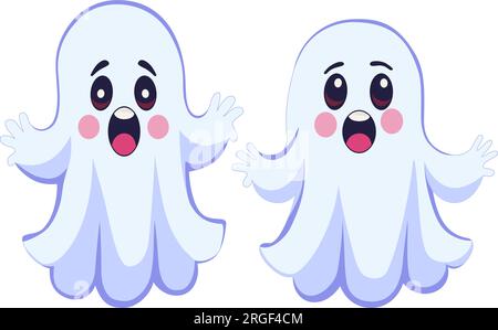 Deux mignons fantômes effrayants Halloween. Personnages fantômes comiques drôles. Esprits de bébé de dessin animé qui veulent effrayer. Illustration vectorielle. Illustration de Vecteur