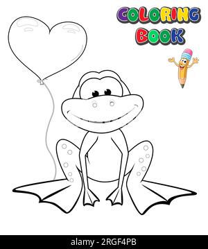 Une scène avec une grenouille et son ballon en forme de cœur. Une ligne noire sur fond blanc, un livre de coloriage pour les enfants. Illustration de Vecteur