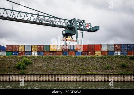 Grue à conteneurs et portique dans le terminal à conteneurs du port du Rhin dans le district de Niehl, Cologne, Allemagne. Container und Portalkran im Conta Banque D'Images