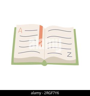 Un livre ouvert posé sur la table, un dictionnaire, avec les lettres A et Z. Un manuel avec un signet. Illustration vectorielle de couleur dans un style de dessin animé plat Illustration de Vecteur