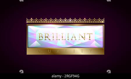 Étiquette de bannière de produit de qualité brillante. Étiquette diamant rectangle premium avec cadre doré et couronne sur fond violet foncé. Modèle de logo de luxe VIP. Illustration de Vecteur
