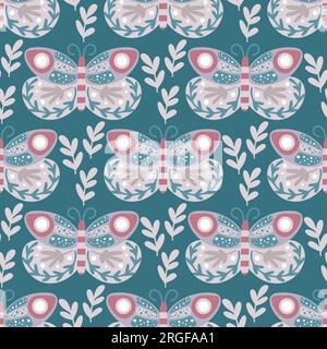 Motif ethnique sans couture avec des papillons et des herbes. Fond Boho avec mites décorées. Belle impression féminine pour textiles, papier, papier peint et Illustration de Vecteur