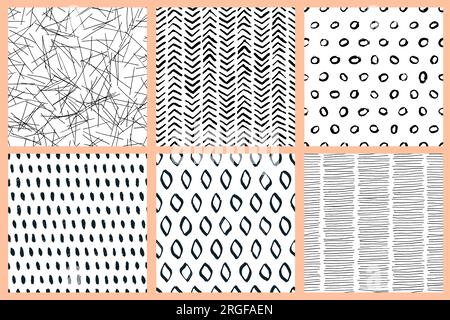 Ensemble de motif sans couture de vecteur aquarelle abstrait. Herringbone, cercles, feuilles, lignes impression textile de mode dans des couleurs noir blanc. Texture d'encre d'art b Illustration de Vecteur