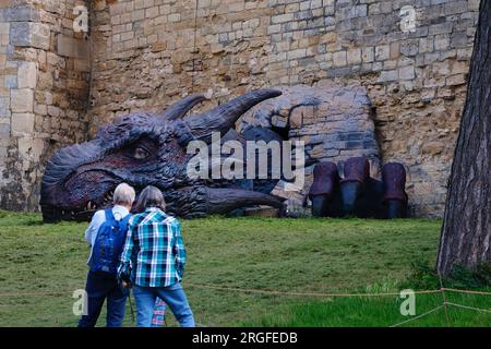 Lincoln, Lincolnshire, Royaume-Uni. 09 août 2023. UK Météo : une journée lumineuse et ensoleillée au château de Lincoln. Les visiteurs s'émerveillent devant les dragons exposés dans le parc. Crédit photo : PAL News/Alamy Live News Banque D'Images