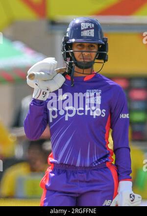 Nottingham, Royaume-Uni. 09 août 2023. 9 août 2023 : Trent Bridge Cricket Ground, Nottingham. The Hundred Cricket : Nottingham Rockets v Northern Superchargeurs. Légende : Jemima Rodrigues (Superchargeurs du Nord) battage. Photo : Mark Dunn/Alamy Live News (Sport) crédit : Mark Dunn Photography/Alamy Live News Banque D'Images