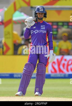 Nottingham, Royaume-Uni. 09 août 2023. 9 août 2023 : Trent Bridge Cricket Ground, Nottingham. The Hundred Cricket : Nottingham Rockets v Northern Superchargeurs. Légende : Marie Kelly (Northern SuperChargers) batte. Photo : Mark Dunn/Alamy Live News (Sport) crédit : Mark Dunn Photography/Alamy Live News Banque D'Images