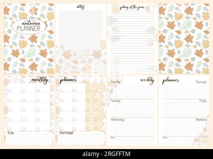 Ensemble de planificateur hebdomadaire ou mensuel, modèle de notes avec des feuilles tombantes, feuillage d'automne, style confortable. Collection pages tendance au design floral. Modifiable Illustration de Vecteur
