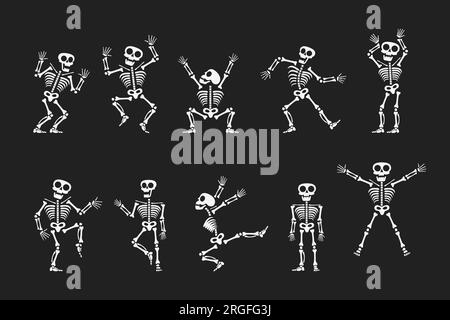 Des squelettes dansant avec différentes positions de conception de style plat ensemble d'illustrations vectorielles. Collection de danse drôle Halloween ou jour des squelettes morts. Illustration de Vecteur