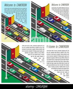 Drapeau isométrique du Cameroun sur mât battant vent. Traversée de la frontière du Cameroun en voiture. Ensemble d'informations horizontal, carré et Illustration de Vecteur