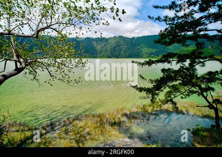 Les eaux vertes du pittoresque lac Furnas sur l'île des Açores de Sao Miguel Island, Açores, Portugal Banque D'Images