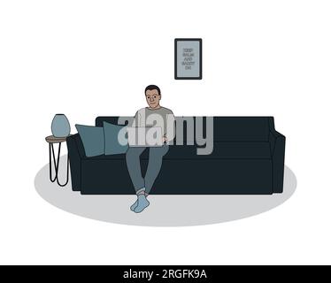 Homme assis sur le canapé à la maison à l'aide d'un ordinateur portable, dessin de ligne de coloriage minimal illustration Illustration de Vecteur