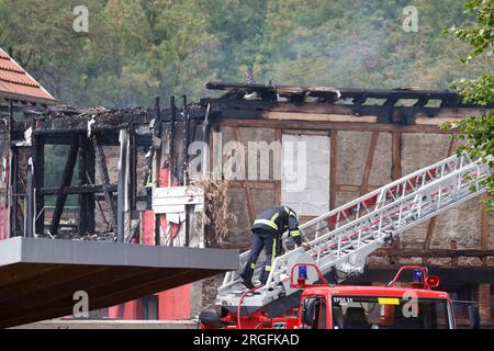 Wintzenheim, France. 09 août 2023. Les pompiers avec une échelle tournante se tiennent sur les lieux de l'accident. Après un incendie dans une maison de vacances, la police française pense que neuf personnes sont mortes jusqu'à présent. L'incendie s'est déclaré vers 6:30 heures du matin dans une maison de vacances qui avait accueilli deux groupes d'adultes handicapés ayant une déficience mentale légère qui avaient voyagé de Nancy. Crédit : Philipp von Ditfurth/dpa/Alamy Live News Banque D'Images