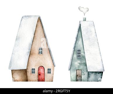 Ensemble d'hiver de jolies maisons avec portes, fenêtres, cheminée, avec de la neige sur le toit. Aquarelle peinte à la main pour carte de Noël, souvenirs, hiver Banque D'Images