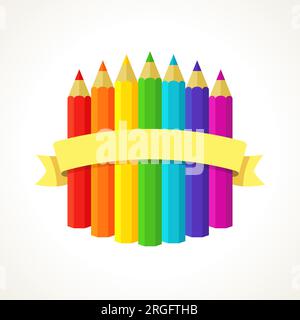 Étiquette de retour à l'école avec des crayons dans des couleurs arc-en-ciel. Illustration de Vecteur