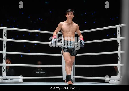 Bangkok, Thaïlande. 05 août 2023. Tawanchay de Thaïlande vu lors de la One Fight Night 13 au Lumpinee Boxing Stadium. Chingiz Allazov, champion du monde de kickboxing poids plume, a conservé son titre après un duel de va-et-vient avec Marat Grigorian, deuxième candidat classé. (Photo Amphol Thongmueangluang/SOPA Images/Sipa USA) crédit : SIPA USA/Alamy Live News Banque D'Images