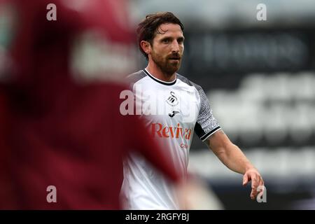 Swansea, Royaume-Uni. 08 août 2023. Joe Allen de Swansea City regarde. Carabao Cup, match du 1e tour, Swansea City contre Northampton Town au Swansea.com Stadium à Swansea, pays de Galles le mardi 8 août 2023. Cette image ne peut être utilisée qu'à des fins éditoriales. Usage éditorial uniquement, photo par Andrew Orchard/Andrew Orchard photographie sportive/Alamy Live News crédit : Andrew Orchard photographie sportive/Alamy Live News Banque D'Images