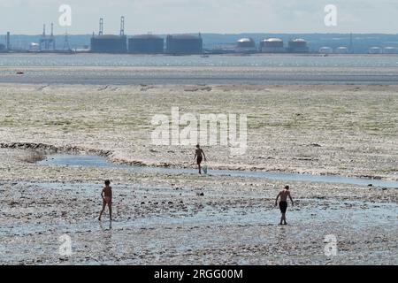 Les amateurs de plage apprécient le temps plus chaud à Southend-on-Sea, Essex. Le Royaume-Uni ne peut s'attendre qu'à une saveur de courte durée d'un été plus traditionnel avec des températures plus élevées et un ciel plus ensoleillé avant un retour à un temps instable, a déclaré un porte-parole de met Office. Banque D'Images