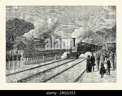 Une gravure ancienne, tirée d'un livre d'histoire américain de 1895, du train funéraire portant le corps d'Ulysses S. Grant à West point, New York, USA le 5 août 1885. Le train voyageait de Mount McGregor à New York. Tenue le 8 1885 août à New York, la procession funéraire de Grant était le plus grand rassemblement public du pays jusqu’alors. Ulysses S Grant (1822-1885) était un officier militaire et homme politique américain qui a été le 18e président des États-Unis de 1869 à 1877. Il mène l'armée de l'Union à la victoire lors de la guerre de Sécession en 1865. Banque D'Images