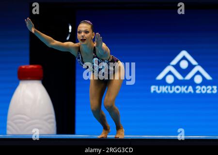 Fukuoka, Japon. 14 juillet 2023 : Audrey Lamothe, du Canada, participe au Solo Technical féminin le premier jour des Championnats du monde aquatiques de Fukuoka 2023 au Marine Messe Fukuoka Hall B à Fukuoka, au Japon. 14 juillet 2023. (Photo de Nikola Krstic/Alamy) Banque D'Images
