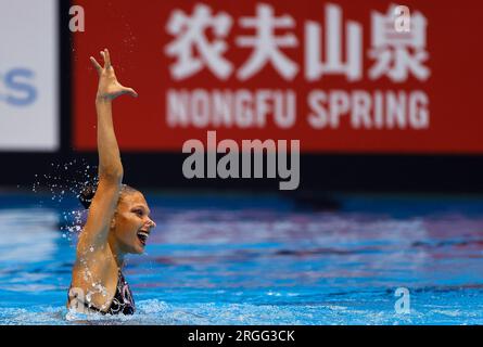 Fukuoka, Japon. 14 juillet 2023 : Audrey Lamothe, du Canada, participe au Solo Technical féminin le premier jour des Championnats du monde aquatiques de Fukuoka 2023 au Marine Messe Fukuoka Hall B à Fukuoka, au Japon. 14 juillet 2023. (Photo de Nikola Krstic/Alamy) Banque D'Images