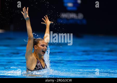 Fukuoka, Japon. 14 juillet 2023 : Audrey Lamothe, du Canada, participe au Solo Technical féminin le premier jour des Championnats du monde aquatiques de Fukuoka 2023 au Marine Messe Fukuoka Hall B à Fukuoka, au Japon. 14 juillet 2023. (Photo de Nikola Krstic/Alamy) Banque D'Images