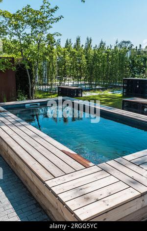 Piscine moderne avec cadre en bois dans un jardin Banque D'Images