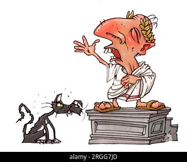 Illustration drôle de dessin animé d'orateur romain portant la couronne de Laurier étant regardé par le chat non impressionné, Rome, César, concept art, oration, prise de parole Banque D'Images