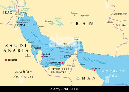 Région du golfe Persique, carte politique. Aussi le golfe Arabique, une mer méditerranée en Asie occidentale, située entre l'Iran et la péninsule arabique. Banque D'Images