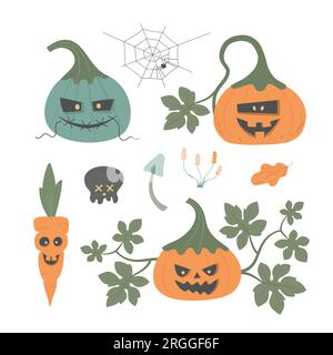 Ensemble de mignons citrouilles monstres Halloween. Illustrations effrayantes de dessin animé pour carte, invitation de fête, bannière, web, autocollant. Illustration de Vecteur